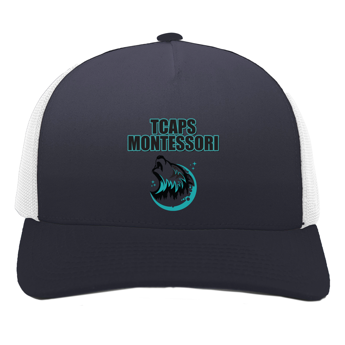 tcaps-montessori-echo-timberwolf-pacific-headwear-5-panel-trucker-snapback-cap — Navy/White — Front — source sha256 0f2f9bf7560a3e0d79cfafcd3731c63ee0b81bafa89b95f1093d5480b76e5a59 — Color position 1