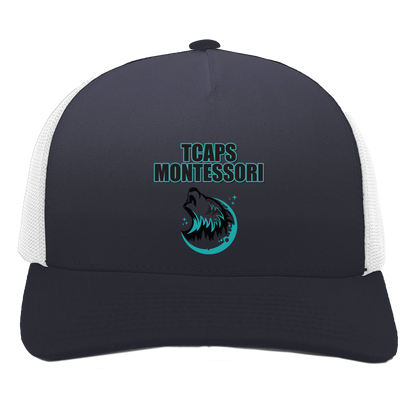 tcaps-montessori-echo-timberwolf-pacific-headwear-5-panel-trucker-snapback-cap — Navy/White — Front — source sha256 0f2f9bf7560a3e0d79cfafcd3731c63ee0b81bafa89b95f1093d5480b76e5a59 — Color position 1