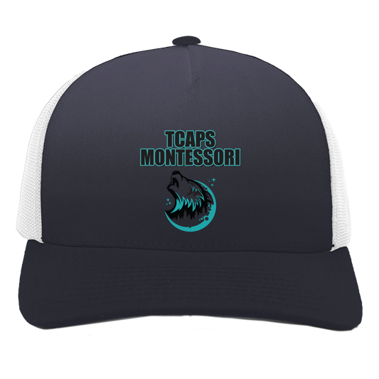 tcaps-montessori-echo-timberwolf-pacific-headwear-5-panel-trucker-snapback-cap — Navy/White — Front — source sha256 0f2f9bf7560a3e0d79cfafcd3731c63ee0b81bafa89b95f1093d5480b76e5a59 — Color position 1