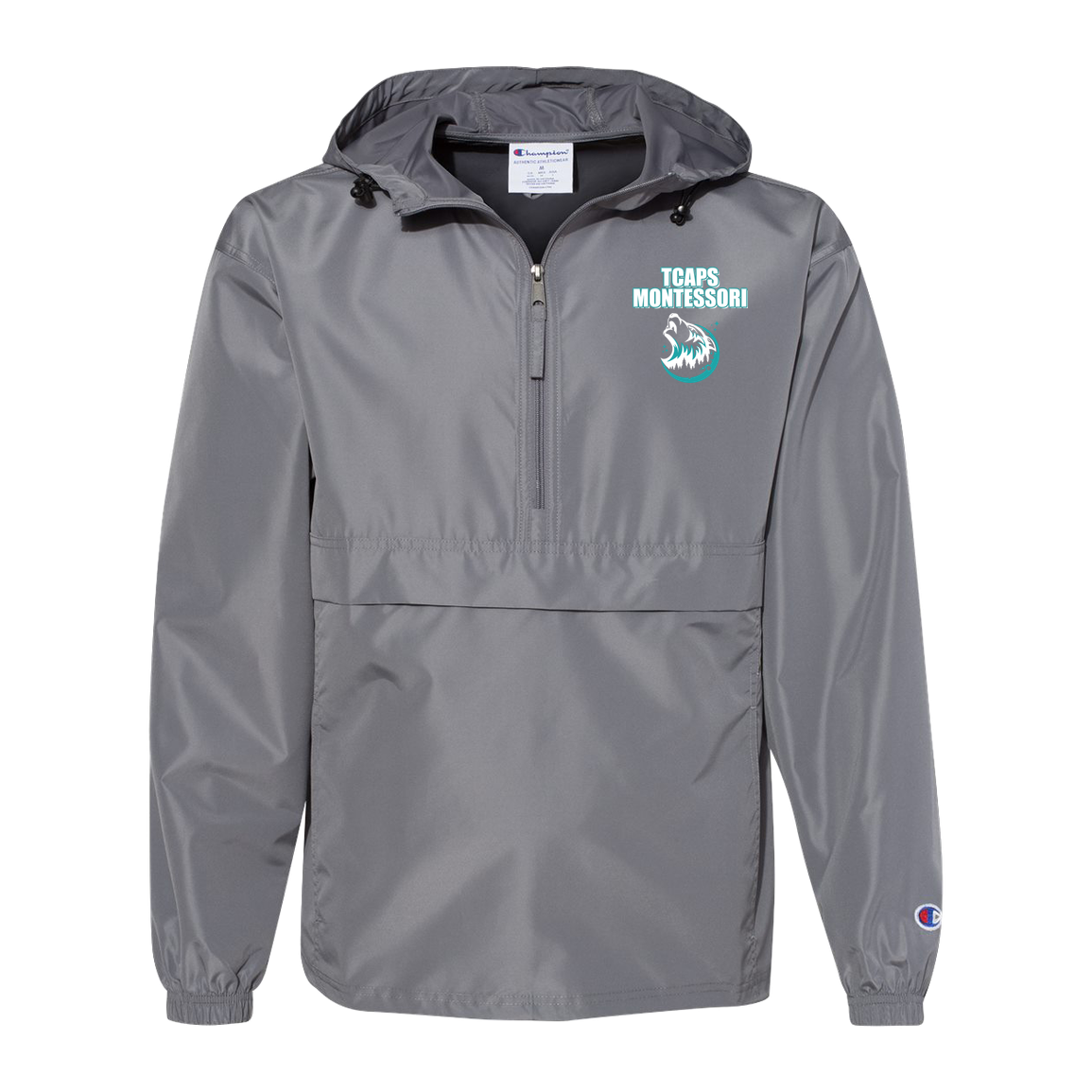 tcaps-montessori-echo-timberwolf-white-champion-unisex-packable-anorak-jacket — Graphite — Front — source sha256 16440afea2e6315afc924e528b9614c5bb9de151215aa89f1502a74ca740f671 — Color position 2