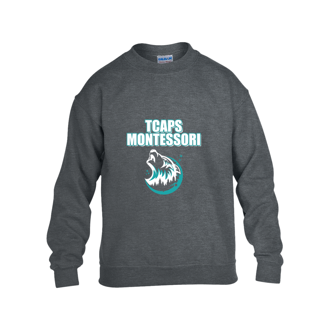 tcaps-montessori-echo-timberwolf-white-gildan-kids-heavy-blend-fleece-crew — Dark Heather — Front — source sha256 36554717c2bcd2a82b4acfae1a3520fdb7961a394e13a32211f0430f52af5bbc — Color position 2