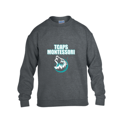 tcaps-montessori-echo-timberwolf-white-gildan-kids-heavy-blend-fleece-crew — Dark Heather — Front — source sha256 36554717c2bcd2a82b4acfae1a3520fdb7961a394e13a32211f0430f52af5bbc — Color position 2