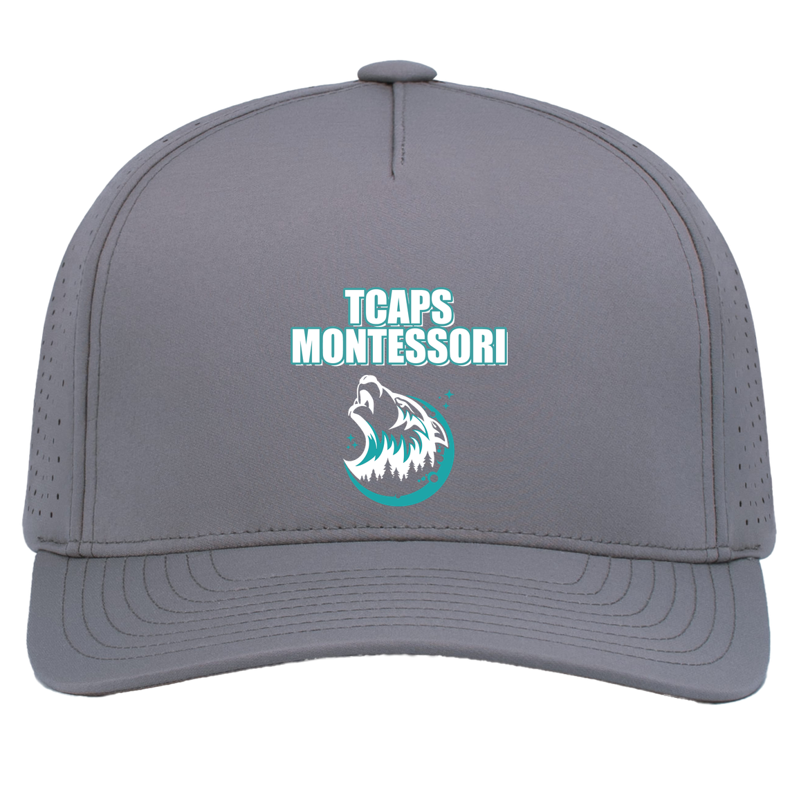 tcaps-montessori-echo-timberwolf-white-pacific-headwear-weekender-perforated-snapback-cap — Graphite — Front — source sha256 3a39f8eaa175374b92b775d2a12e3d931bad12a5f4a527c1ee923b15ccb1c28d — Color position 4