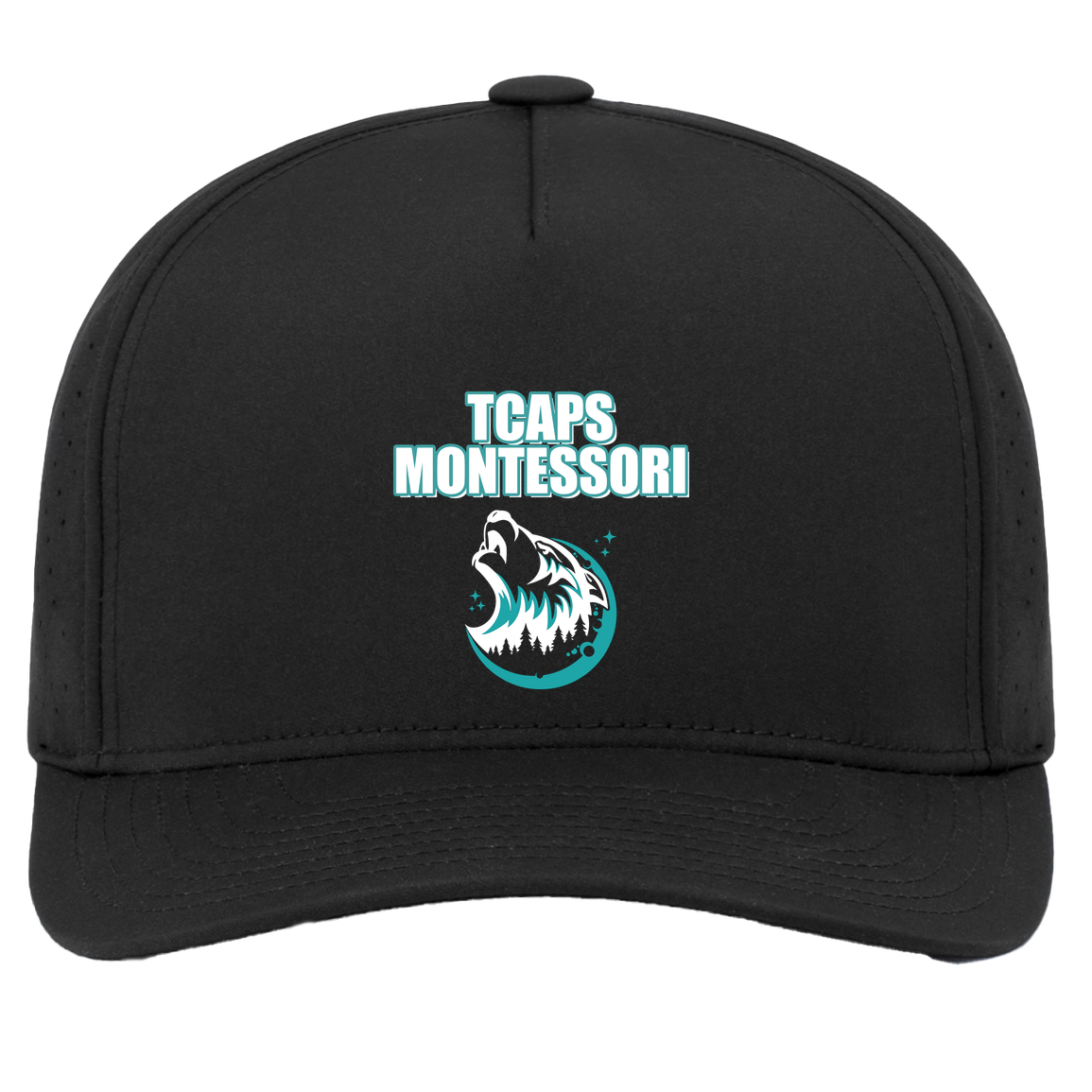 tcaps-montessori-echo-timberwolf-white-pacific-headwear-weekender-perforated-snapback-cap — Black — Front — source sha256 475a6896577aafe8adb8fc1df4563c4182976b838981781a62c97657397011a9 — Color position 2