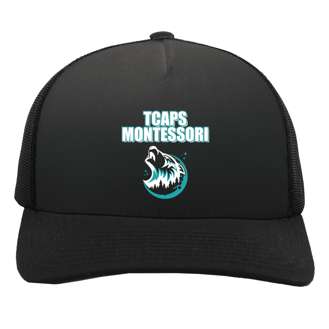 tcaps-montessori-echo-timberwolf-white-pacific-headwear-5-panel-trucker-snapback-cap — Black/Black — Front — source sha256 499b0a5a5c142177da00122a5449bb74f473dc0b98dcff7cafccaddaa5c2880a — Color position 2