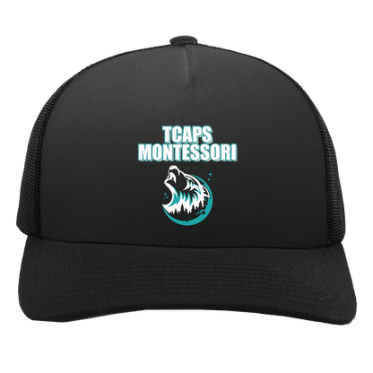 tcaps-montessori-echo-timberwolf-white-pacific-headwear-5-panel-trucker-snapback-cap — Black/Black — Front — source sha256 499b0a5a5c142177da00122a5449bb74f473dc0b98dcff7cafccaddaa5c2880a — Color position 2