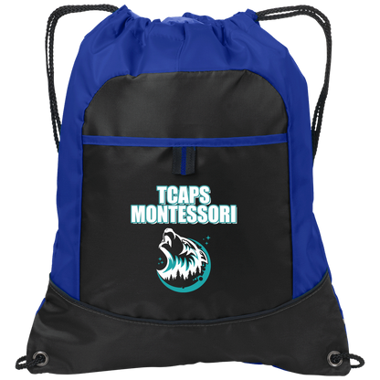 tcaps-montessori-echo-timberwolf-white-port-authority-pocket-cinch-pack — Black/Hyper Blue — Front — source sha256 4ee37c278927310936ad788f67d84eef88dd6667bddce111d647399a6b486f2d — Color position 2