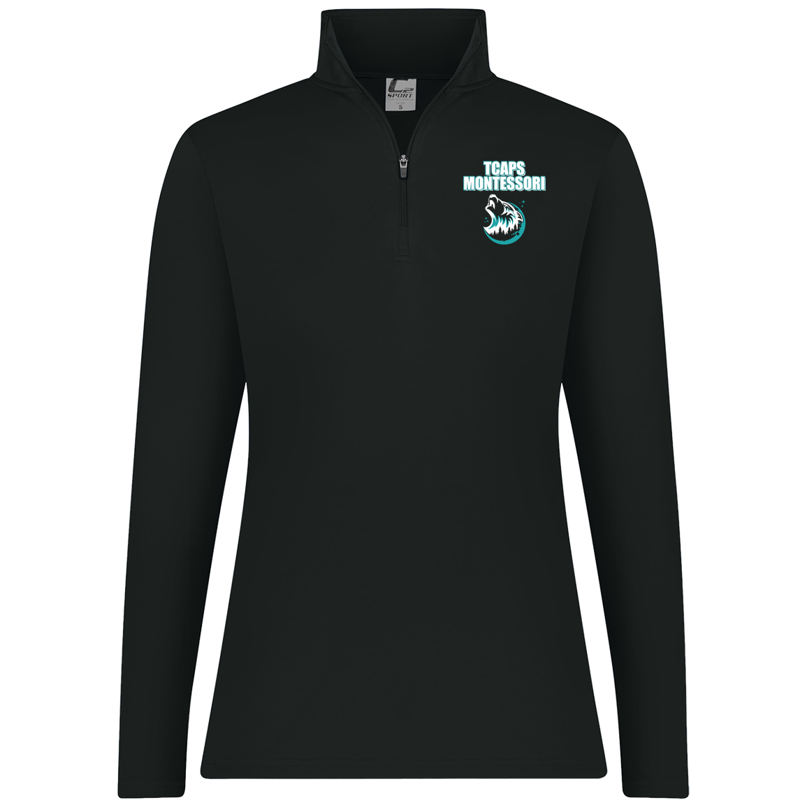 tcaps-montessori-echo-timberwolf-white-c2-womens-1-4-zip-pullover — Black — Front — source sha256 573284421243b0c8665c5bdf451b33284a2b061d3e9653eef1bcd2e1086a3492 — Color position 1