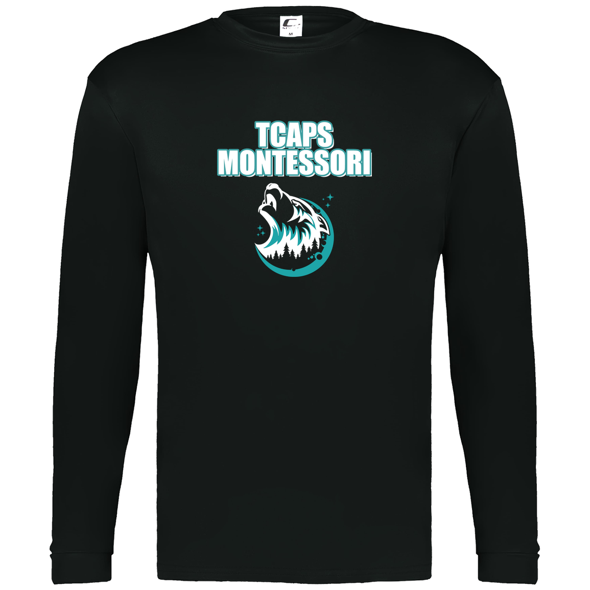 tcaps-montessori-echo-timberwolf-white-c2-mens-performance-long-sleeve-tee — Black — Front — source sha256 5e3fb595d5d42b0f5a2f538d3eb954185960d256a04963ff2f656ca78f74a2c4 — Color position 1