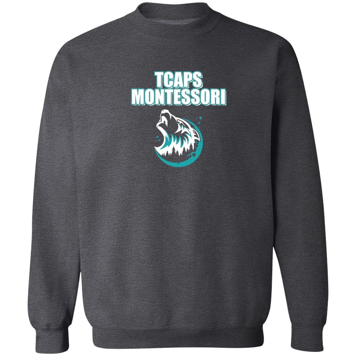 tcaps-montessori-echo-timberwolf-white-gildan-crewneck-pullover-sweatshirt — Dark Heather — Front — source sha256 67d9e92cd53520bc91d76f07873c510553d743796aca583aea3f376ee8f6e691 — Color position 2
