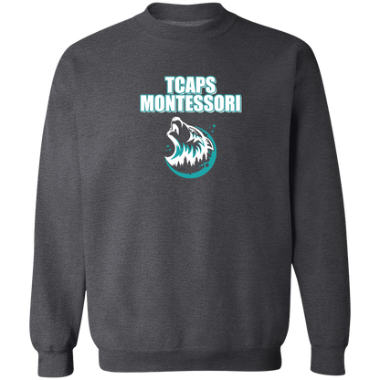 tcaps-montessori-echo-timberwolf-white-gildan-crewneck-pullover-sweatshirt — Dark Heather — Front — source sha256 67d9e92cd53520bc91d76f07873c510553d743796aca583aea3f376ee8f6e691 — Color position 2
