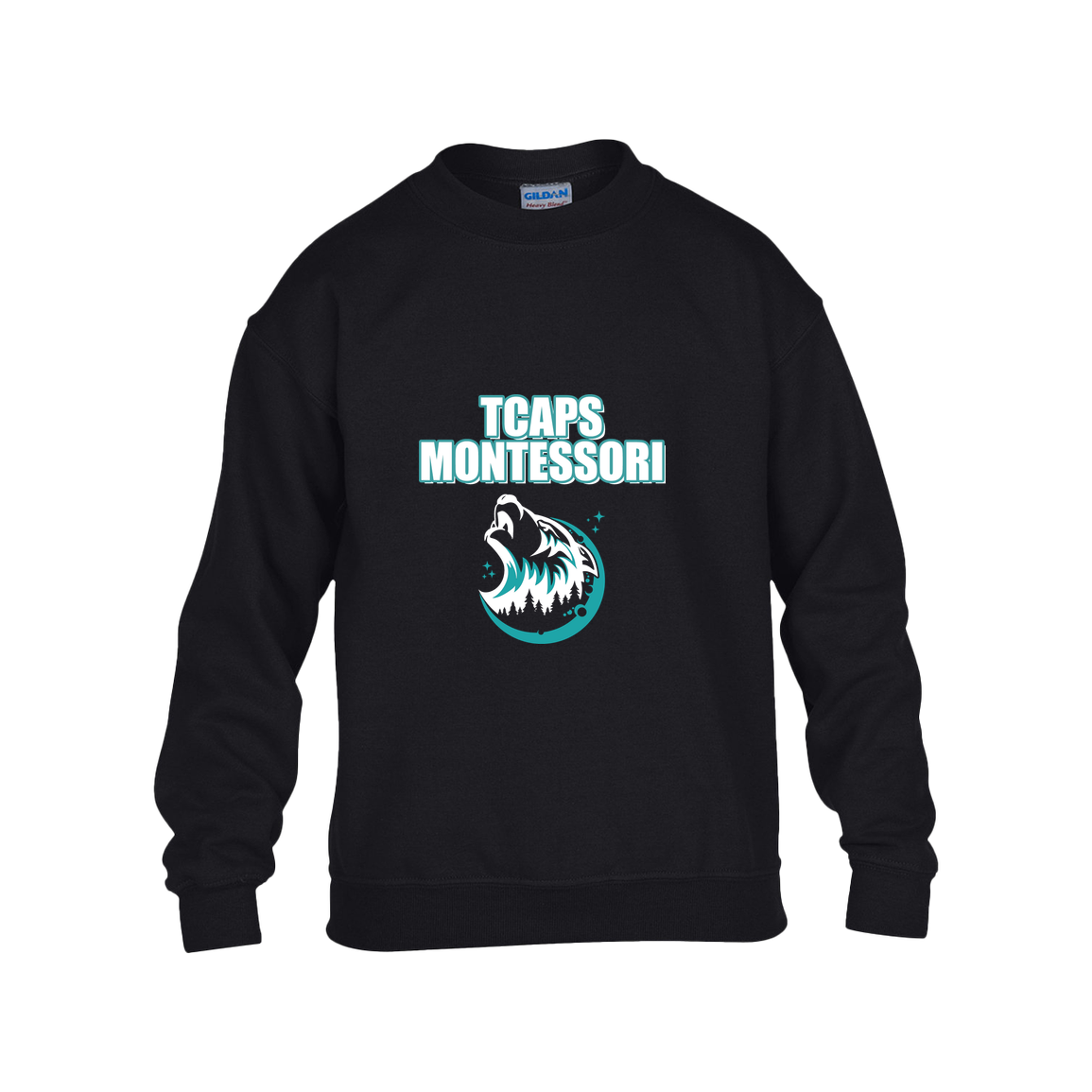 tcaps-montessori-echo-timberwolf-white-gildan-kids-heavy-blend-fleece-crew — Black — Front — source sha256 6b10888150587fab72d1d4e3c5f1b8a8098fb7399461e05084404fe2fc0f63cb — Color position 1