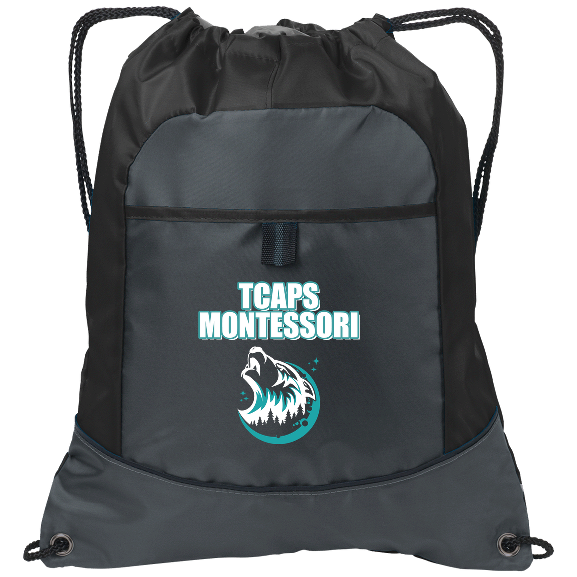 tcaps-montessori-echo-timberwolf-white-port-authority-pocket-cinch-pack — Deep Smoke/Black — Front — source sha256 6dcb00356574594dba9f1bb564aa93308755e8bd7df50812e8f93ff2f144dd91 — Color position 1