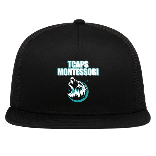 tcaps-montessori-echo-timberwolf-white-pacific-headwear-d-series-5-panel-trucker-snapback-cap — Black — Front — source sha256 70e3139c270ece23b2f1cb8e6638c9d81e3e0239aeb6acf1a386a12c2115d510 — Color position 1