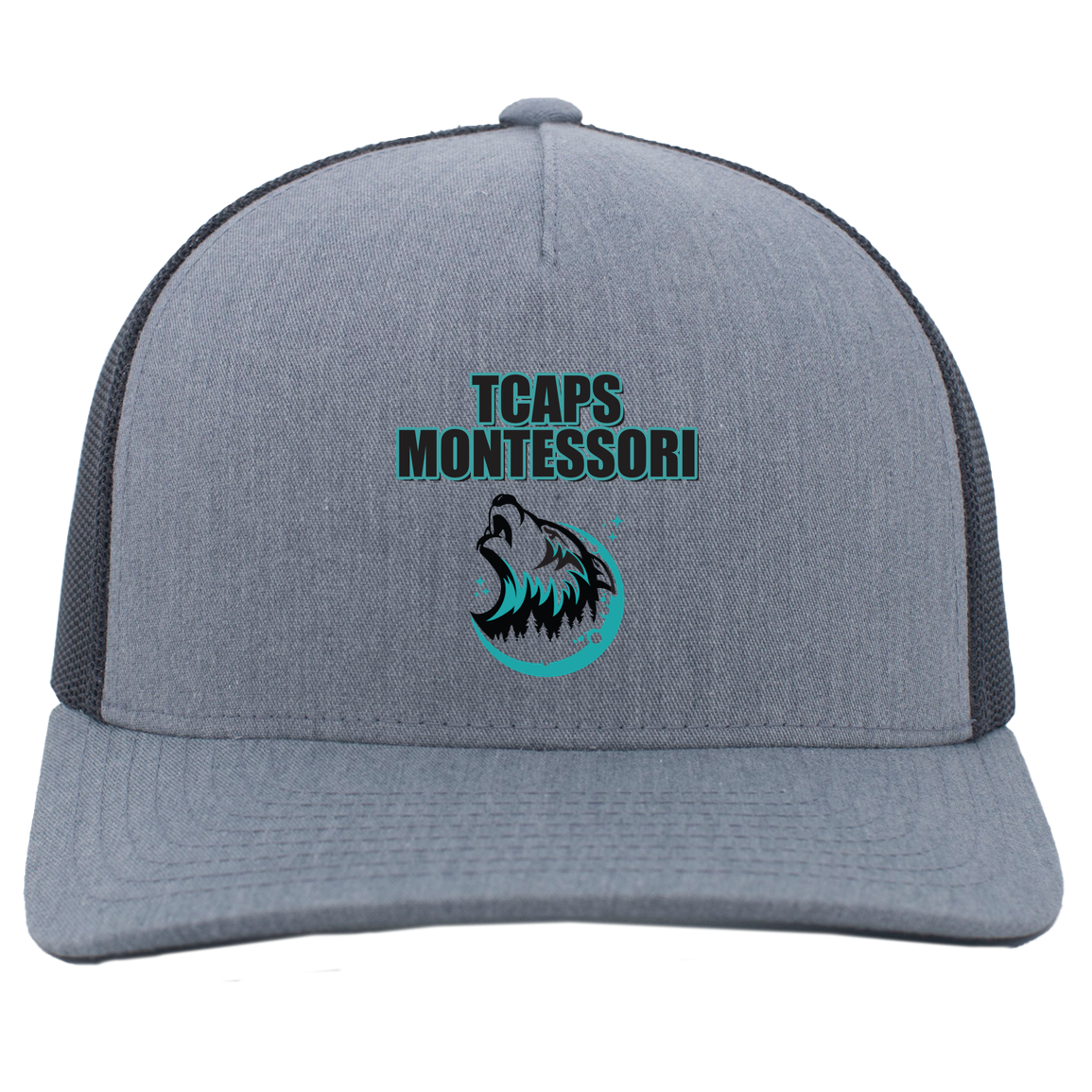 tcaps-montessori-echo-timberwolf-pacific-headwear-5-panel-trucker-snapback-cap — Heather Grey/Light Charcoal — Front — source sha256 7525e07b9f810e4b7fd524d45d4ae9a501e1b5aa00f314cfdd07feeaeeb879f9 — Color position 2