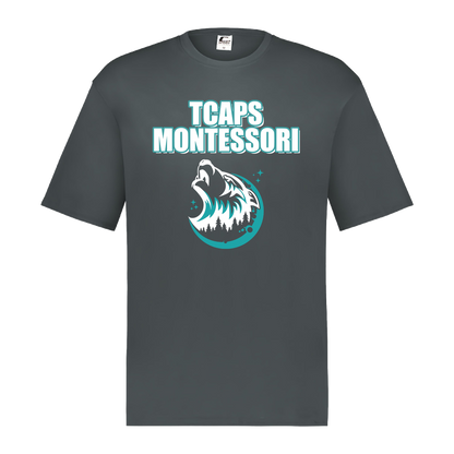tcaps-montessori-echo-timberwolf-white-c2-mens-performance-short-sleeve-tee — Graphite — Front — source sha256 8c0791802fddbae823dee6f2d03f73ebf43e076e936585b04b69b242319cdab6 — Color position 2