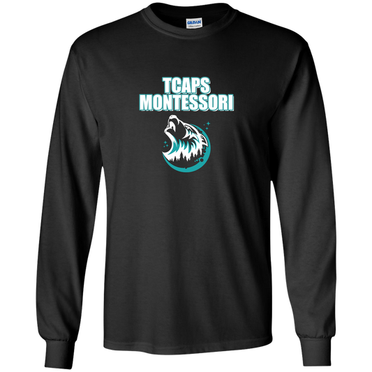 tcaps-montessori-echo-timberwolf-white-gildan-youth-ls-t-shirt — Black — Front — source sha256 91f16b576aecf194ac71097782507c4d80b2744eea4e791e3c5b9984b677f989 — Color position 1