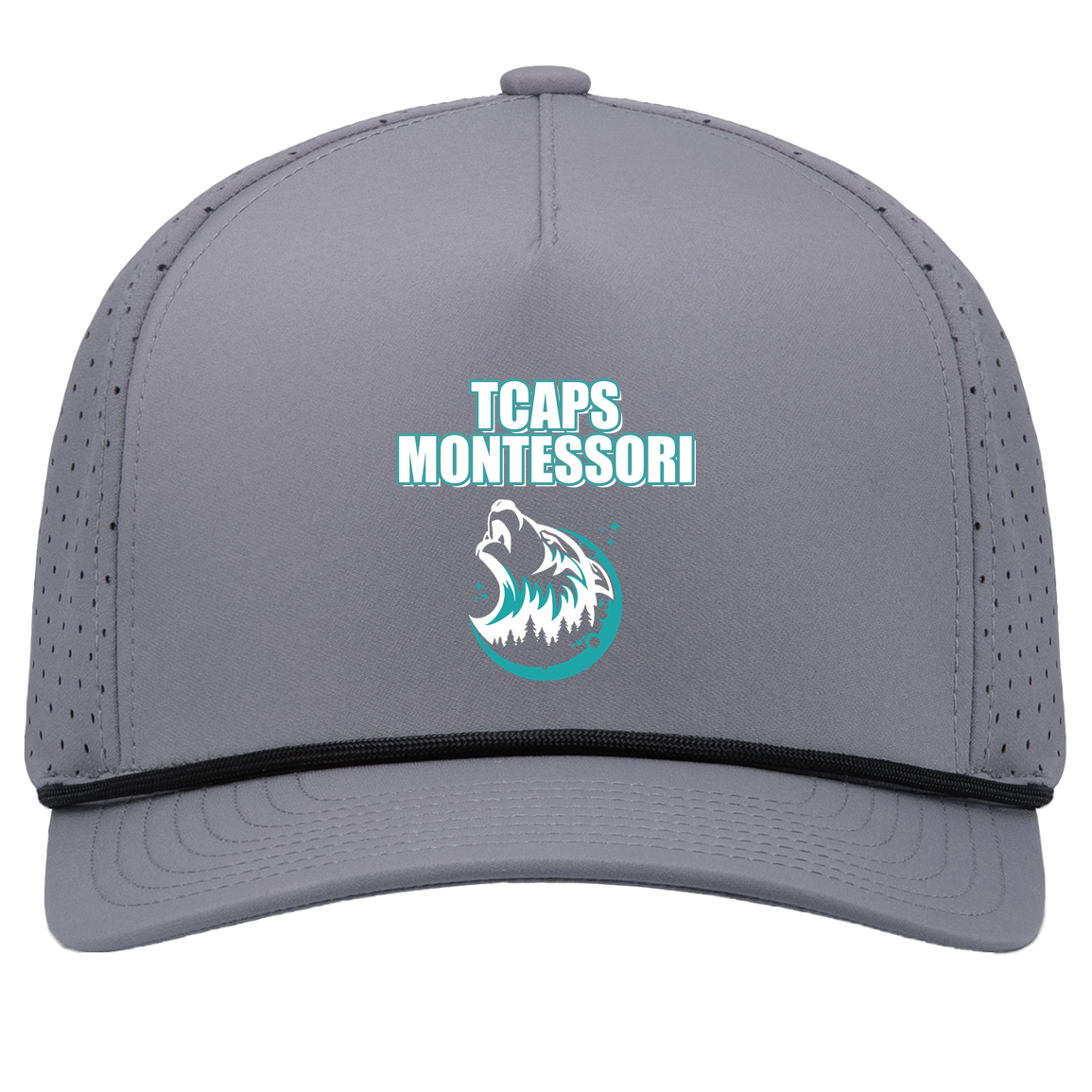 tcaps-montessori-echo-timberwolf-white-pacific-headwear-weekender-perforated-snapback-cap — Graphite/Black — Front — source sha256 968b6058b99a4963da6541f79355a7efce317f1ed237c0beea948d917a11a7a1 — Color position 3