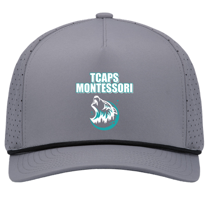 tcaps-montessori-echo-timberwolf-white-pacific-headwear-weekender-perforated-snapback-cap — Graphite/Black — Front — source sha256 968b6058b99a4963da6541f79355a7efce317f1ed237c0beea948d917a11a7a1 — Color position 3