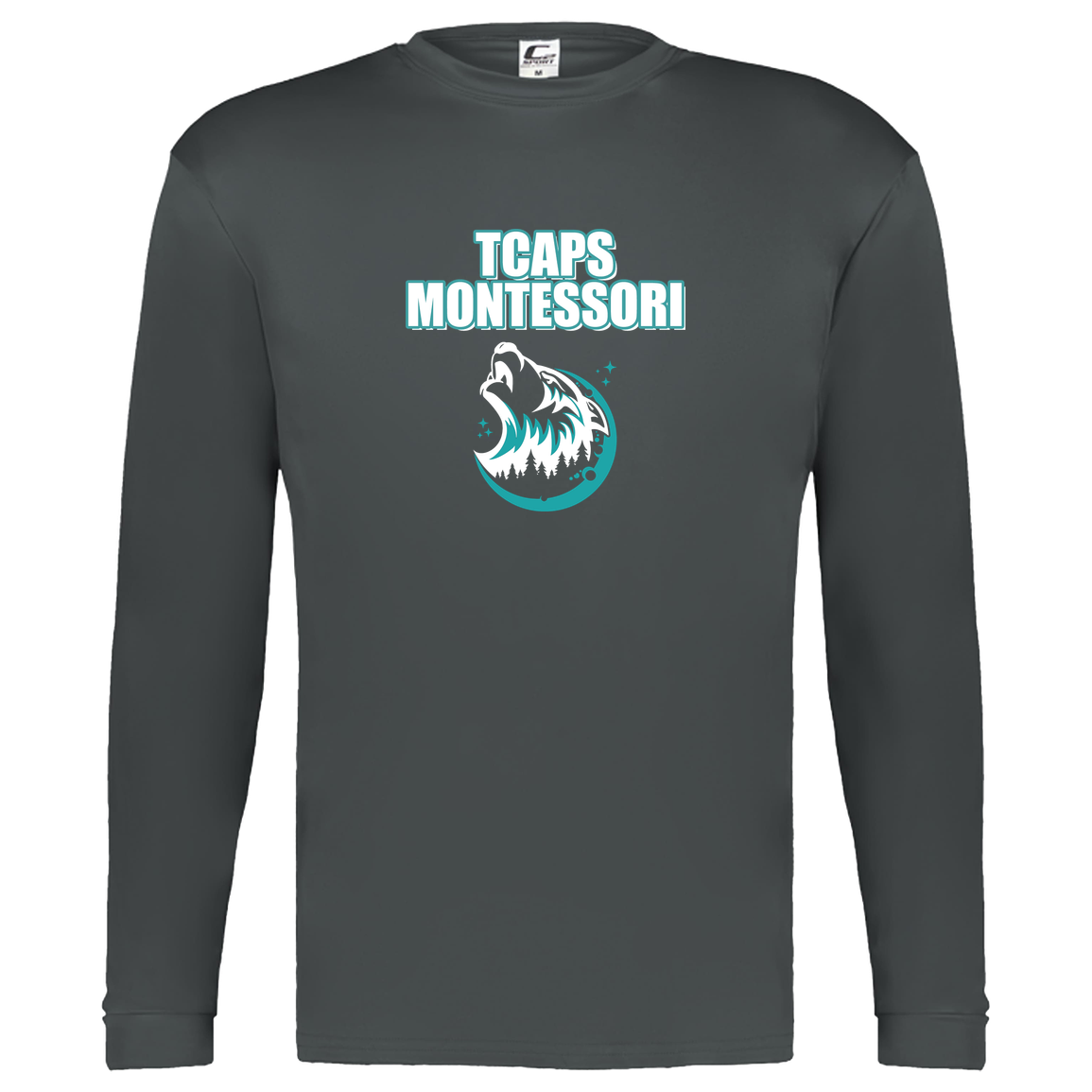 tcaps-montessori-echo-timberwolf-white-c2-kids-performance-long-sleeve-tee — Graphite — Front — source sha256 a8119cb3a90578b60c6bb8be7d54fd725b245b2e82dfe80b81c9182c52996e7a — Color position 2