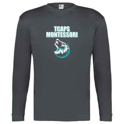 tcaps-montessori-echo-timberwolf-white-c2-kids-performance-long-sleeve-tee — Graphite — Front — source sha256 a8119cb3a90578b60c6bb8be7d54fd725b245b2e82dfe80b81c9182c52996e7a — Color position 2