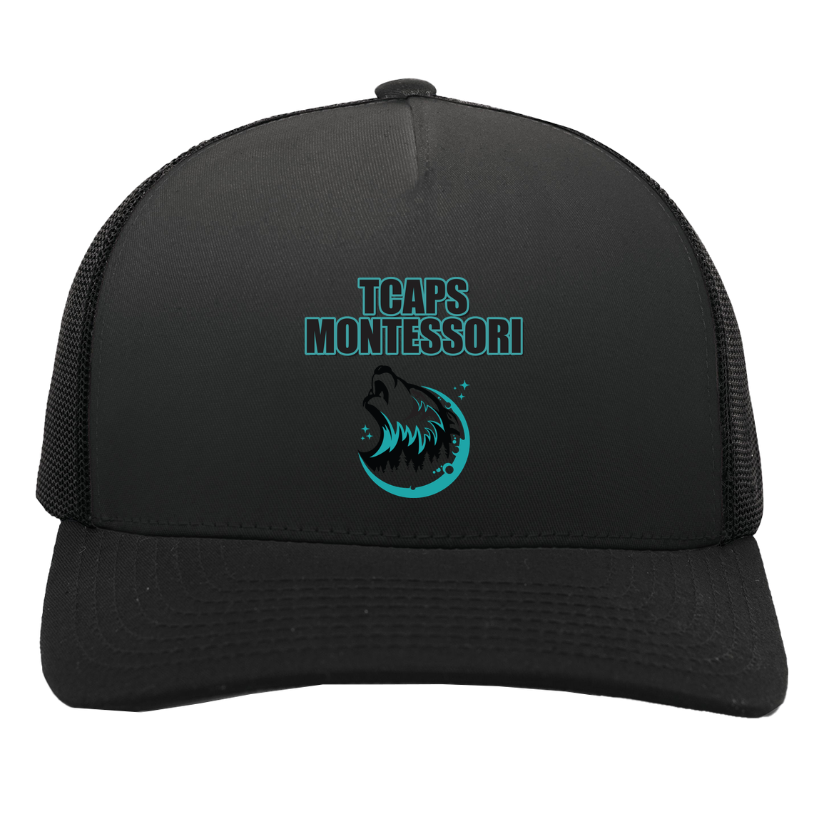 tcaps-montessori-echo-timberwolf-pacific-headwear-5-panel-trucker-snapback-cap — Black/Black — Front — source sha256 a941e75ddc99f96f88a568e58c0d5d711b4a8a615a2854cf1fed805155918745 — Color position 3