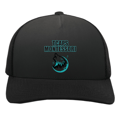 tcaps-montessori-echo-timberwolf-pacific-headwear-5-panel-trucker-snapback-cap — Black/Black — Front — source sha256 a941e75ddc99f96f88a568e58c0d5d711b4a8a615a2854cf1fed805155918745 — Color position 3