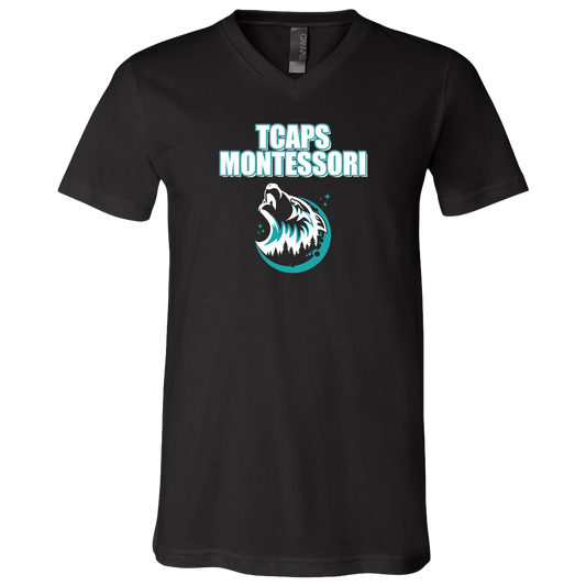 tcaps-montessori-echo-timberwolf-white-bella-canvas-unisex-jersey-ss-v-neck-t-shirt — Black — Front — source sha256 b3ed0ce4f579c7c769f67add1aa2e379010709aaa4b1da130f1a8d3f41574971 — Color position 1
