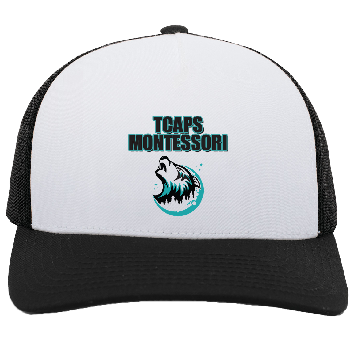 tcaps-montessori-echo-timberwolf-pacific-headwear-5-panel-trucker-snapback-cap — White/Black — Front — source sha256 d26b0e1ab7a169ea3e8ba803b4083d7879fc310181ad52b36a20d2df0112e3aa — Color position 4