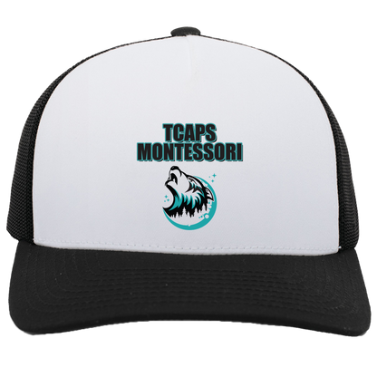 tcaps-montessori-echo-timberwolf-pacific-headwear-5-panel-trucker-snapback-cap — White/Black — Front — source sha256 d26b0e1ab7a169ea3e8ba803b4083d7879fc310181ad52b36a20d2df0112e3aa — Color position 4