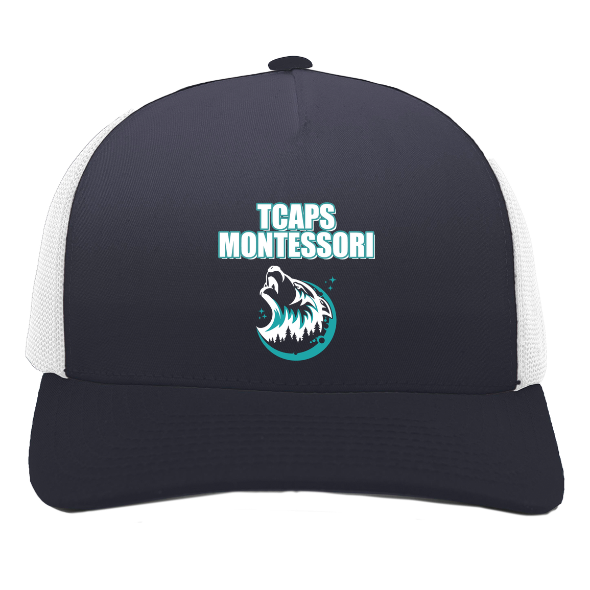 tcaps-montessori-echo-timberwolf-white-pacific-headwear-5-panel-trucker-snapback-cap — Navy/White — Front — source sha256 d92fdc58aeac0e7c397ab520b8032d10e17c5477135d7c16318e50ac486afc9c — Color position 1