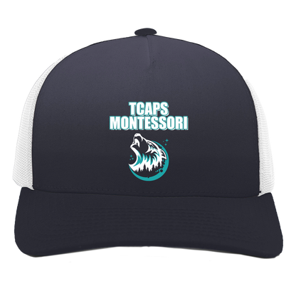 tcaps-montessori-echo-timberwolf-white-pacific-headwear-5-panel-trucker-snapback-cap — Navy/White — Front — source sha256 d92fdc58aeac0e7c397ab520b8032d10e17c5477135d7c16318e50ac486afc9c — Color position 1