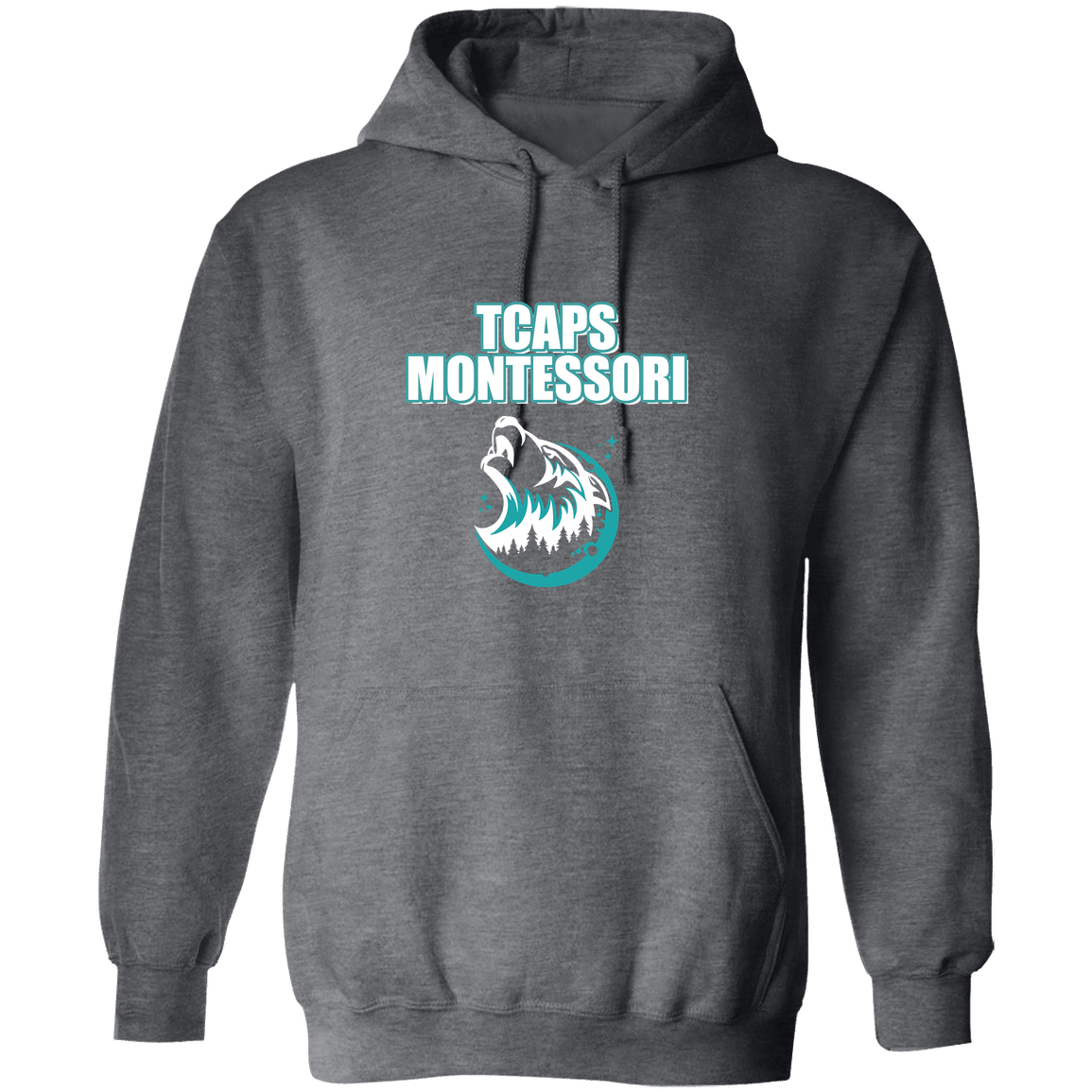 tcaps-montessori-echo-timberwolf-white-gildan-pullover-hoodie — Dark Heather — Front — source sha256 da33c69179f2248e7b81150ab650f0a08dcb51822e06669c6e0693506d207d99 — Color position 2