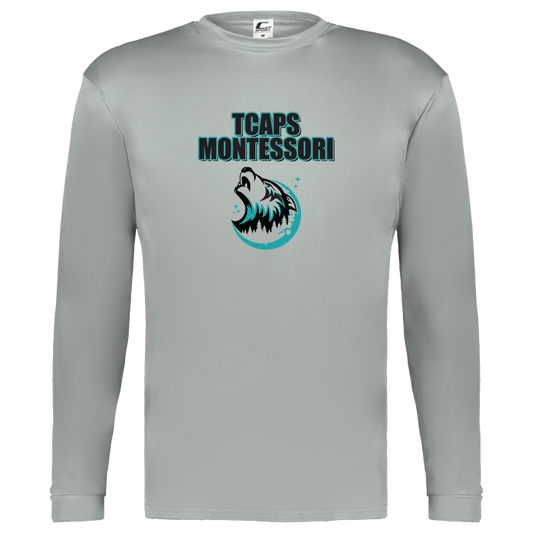 tcaps-montessori-echo-timberwolf-c2-kids-performance-long-sleeve-tee — Silver — Front — source sha256 dd5fc9d8bc9ed6a0209a71419e3dd957ef160a955181cf56cb355b2e34079c9e — Color position 3