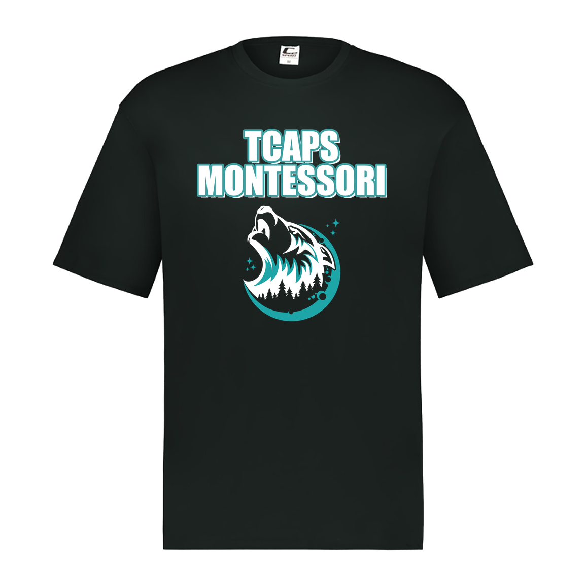 tcaps-montessori-echo-timberwolf-white-c2-mens-performance-short-sleeve-tee — Black — Front — source sha256 def086b8101855b3fed1c5358930d56112e81bdd0b58fa9daa939e35d7d66940 — Color position 1