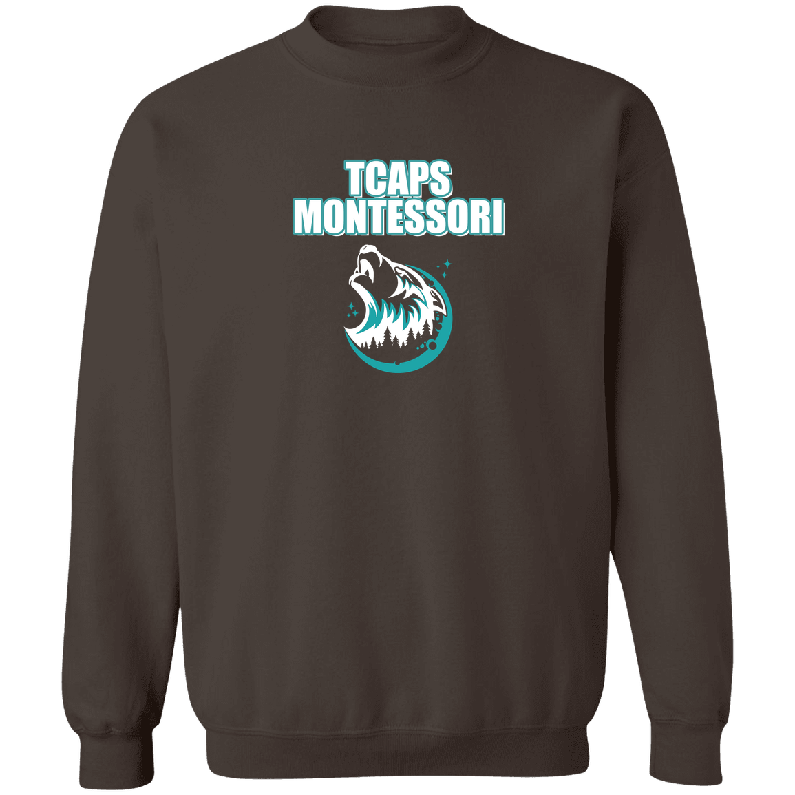 tcaps-montessori-echo-timberwolf-white-gildan-crewneck-pullover-sweatshirt — Dark Chocolate — Front — source sha256 f3ce0126bf3b0da157c548afadcbbd843460221890b74d91ab344bc85715ca4f — Color position 3