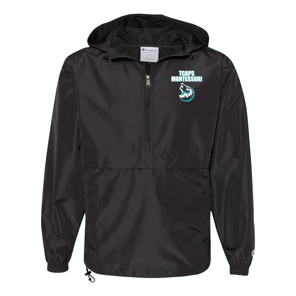 tcaps-montessori-echo-timberwolf-white-champion-unisex-packable-anorak-jacket — Black — Front — source sha256 f8029d4f1688468b55454e97aae6bd15c396432e8c4408269aba2d63e3fbf16b — Color position 1