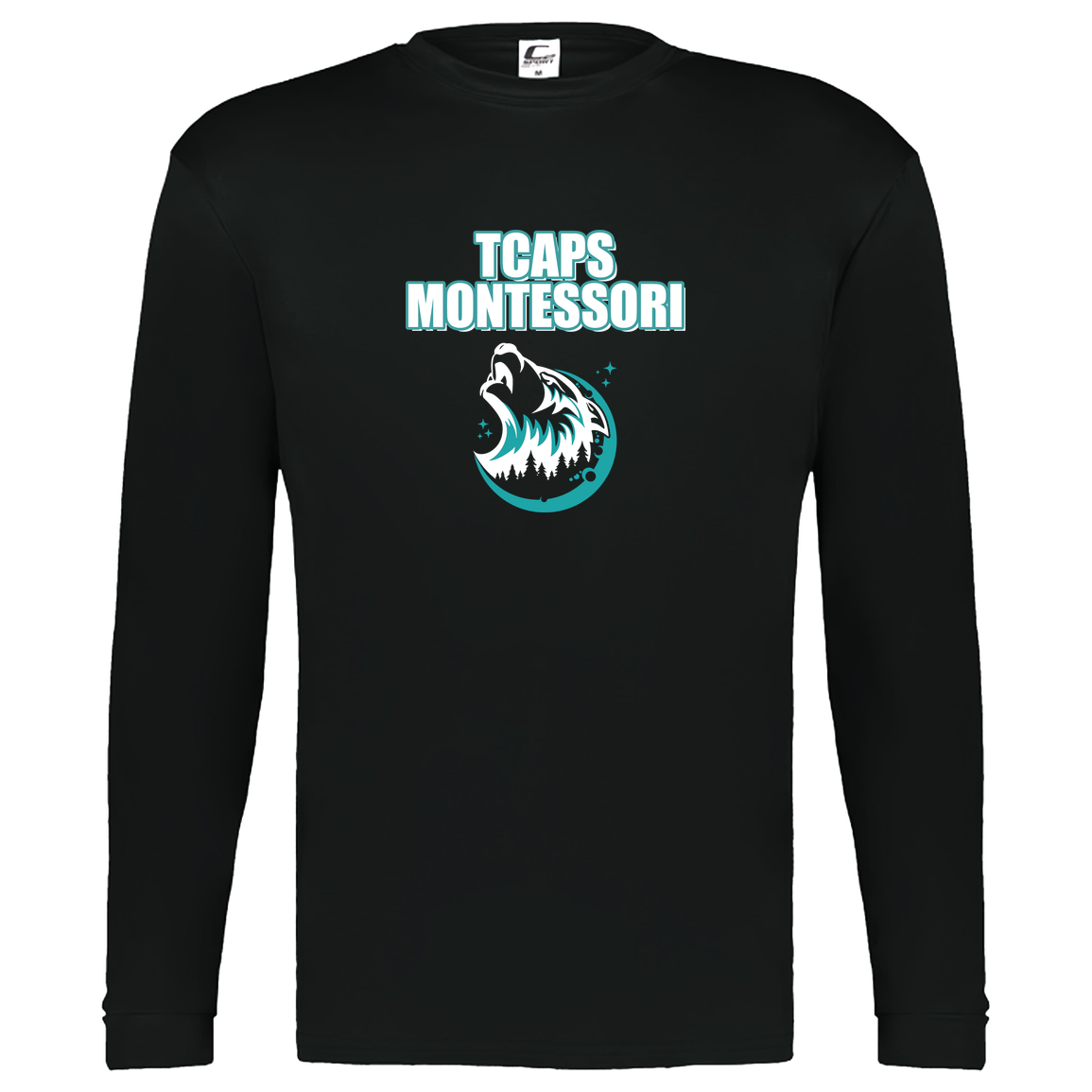 tcaps-montessori-echo-timberwolf-white-c2-kids-performance-long-sleeve-tee — Black — Front — source sha256 fbeb5bdd01a96b400a6f0d10cde40cc74ed59c2182240fb8776202225f4d4748 — Color position 1