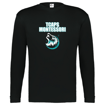 tcaps-montessori-echo-timberwolf-white-c2-kids-performance-long-sleeve-tee — Black — Front — source sha256 fbeb5bdd01a96b400a6f0d10cde40cc74ed59c2182240fb8776202225f4d4748 — Color position 1