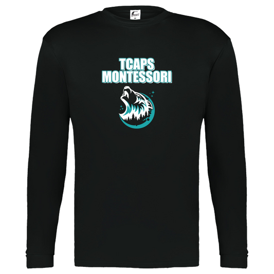 tcaps-montessori-echo-timberwolf-white-c2-kids-performance-long-sleeve-tee — Black — Front — source sha256 fbeb5bdd01a96b400a6f0d10cde40cc74ed59c2182240fb8776202225f4d4748 — Color position 1