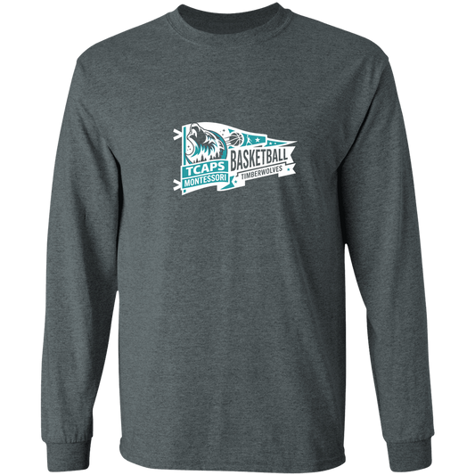 tcaps-montessori-heritage-pennant-white-gildan-ls-t-shirt-5-3-oz — Dark Heather — Front — source sha256 1347cde443d2c03c811257b7acc4b04c2f0e523d660f6eac756b9a52e6ff84da — Color position 1