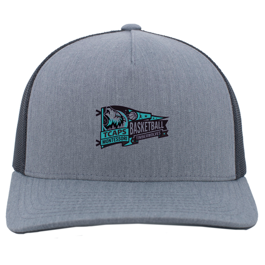 tcaps-montessori-heritage-pennant-pacific-headwear-5-panel-trucker-snapback-cap — Heather Grey/Light Charcoal — Front — source sha256 1839f03e355ec7a686335aa3f2d16907a257b886b7dd18588448f4a1f704cbc8 — Color position 2