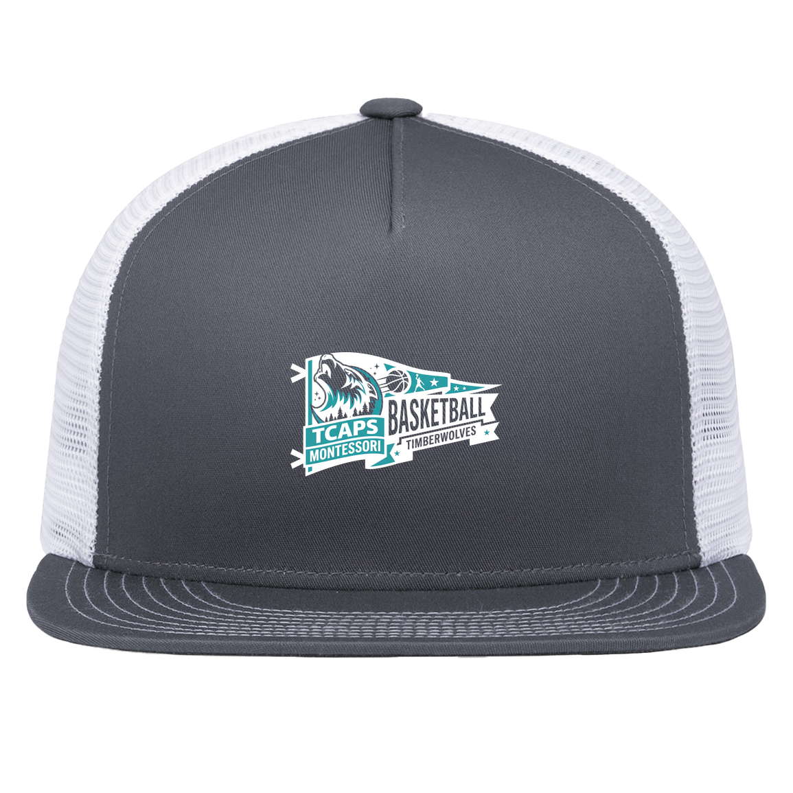 tcaps-montessori-heritage-pennant-white-pacific-headwear-d-series-5-panel-trucker-snapback-cap — Graphite/White — Front — source sha256 35a072564e4d7600a03599e320832e47ef80208726d7a521012c3461980fe730 — Color position 4