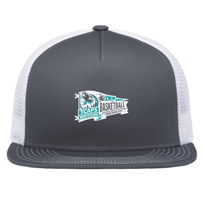 tcaps-montessori-heritage-pennant-white-pacific-headwear-d-series-5-panel-trucker-snapback-cap — Graphite/White — Front — source sha256 35a072564e4d7600a03599e320832e47ef80208726d7a521012c3461980fe730 — Color position 4