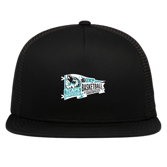 tcaps-montessori-heritage-pennant-white-pacific-headwear-d-series-5-panel-trucker-snapback-cap — Black — Front — source sha256 62bf53110dcd4b18bb87a3adea66e5960221b43f355ba6345fce62357cfcea21 — Color position 1