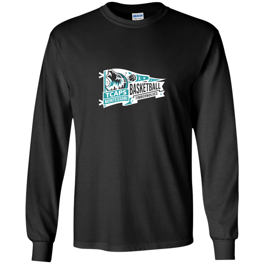 tcaps-montessori-heritage-pennant-white-gildan-youth-ls-t-shirt — Black — Front — source sha256 86aa1fb0420e297e9a0f135ca35d900be475deff9cf491f6e7fd885cdc025230 — Color position 1