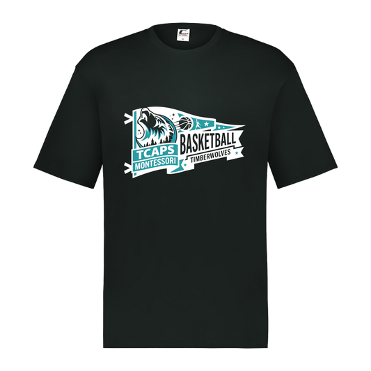 tcaps-montessori-heritage-pennant-white-c2-mens-performance-short-sleeve-tee — Black — Front — source sha256 98e57d286ac77c9ca47fd917aa7ee32c1da8113af9f27ec5ec065054531c34a7 — Color position 1