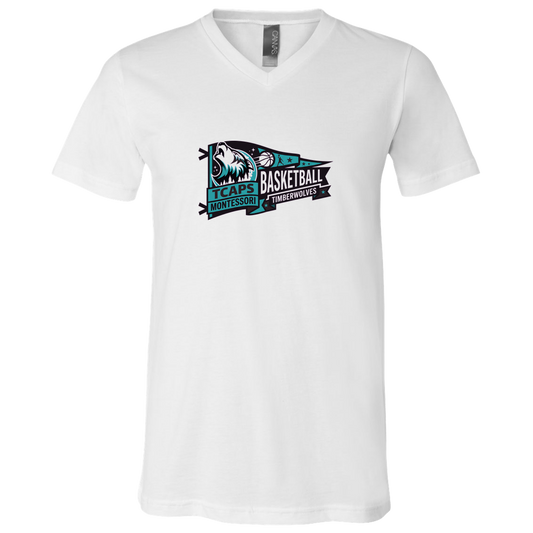 tcaps-montessori-heritage-pennant-bella-canvas-unisex-jersey-ss-v-neck-t-shirt — White — Front — source sha256 9aaf50d60dd390f0214152c1617bd512fa74fa8363888f7899830b76fe9eb3ba — Color position 1
