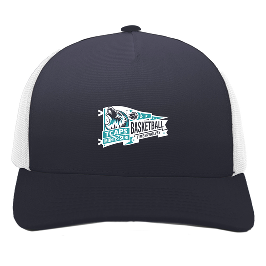 tcaps-montessori-heritage-pennant-white-pacific-headwear-5-panel-trucker-snapback-cap — Navy/White — Front — source sha256 a51c32ed885e4eea7b9f3bb7a51e3ff12c8ebe670ca2fa549d8929a1d0da9c1b — Color position 1