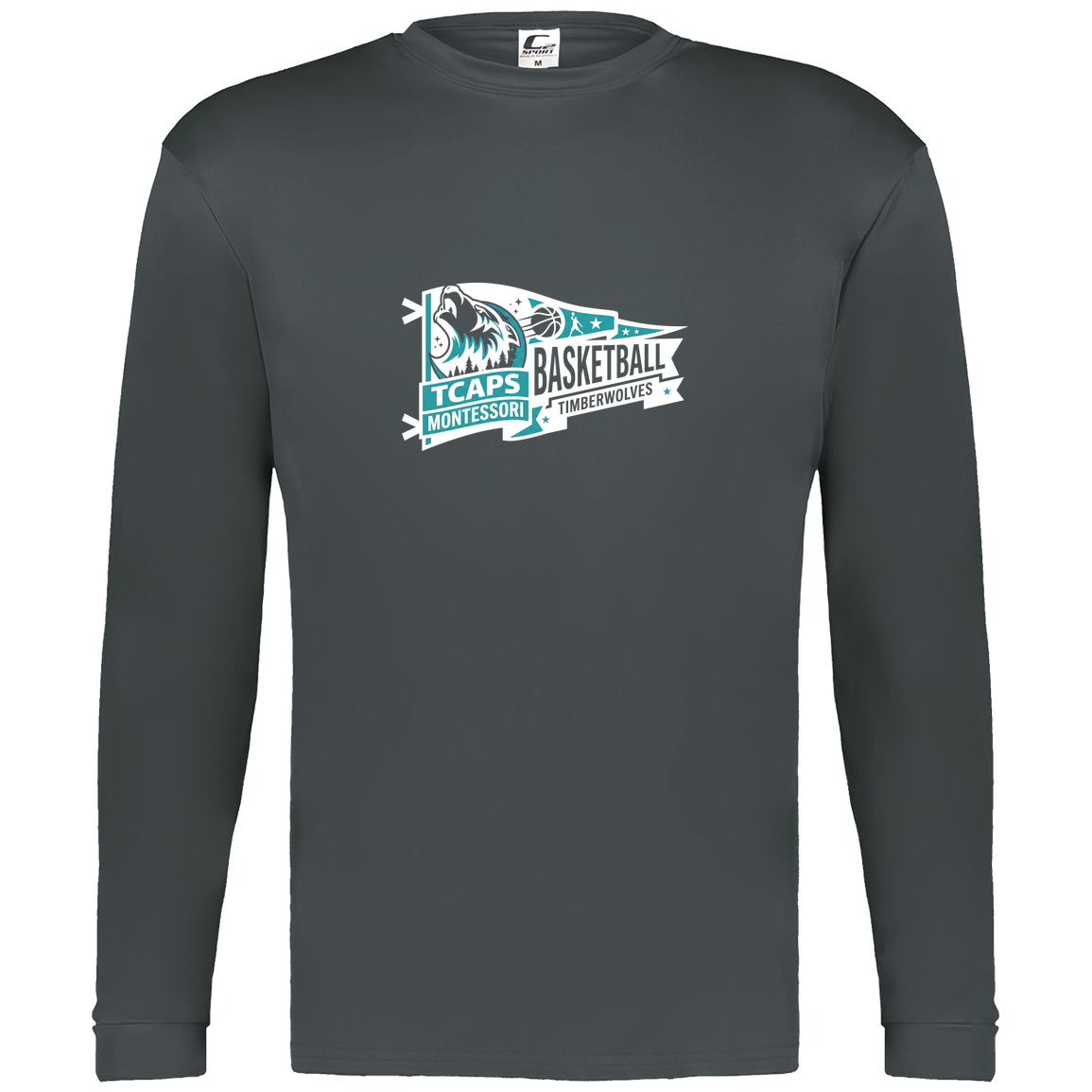 tcaps-montessori-heritage-pennant-white-c2-mens-performance-long-sleeve-tee — Graphite — Front — source sha256 ac57ad2a1a618f74b42d909b4ec4c95317c055fae7a12bb5cea54a182cf9ea14 — Color position 2
